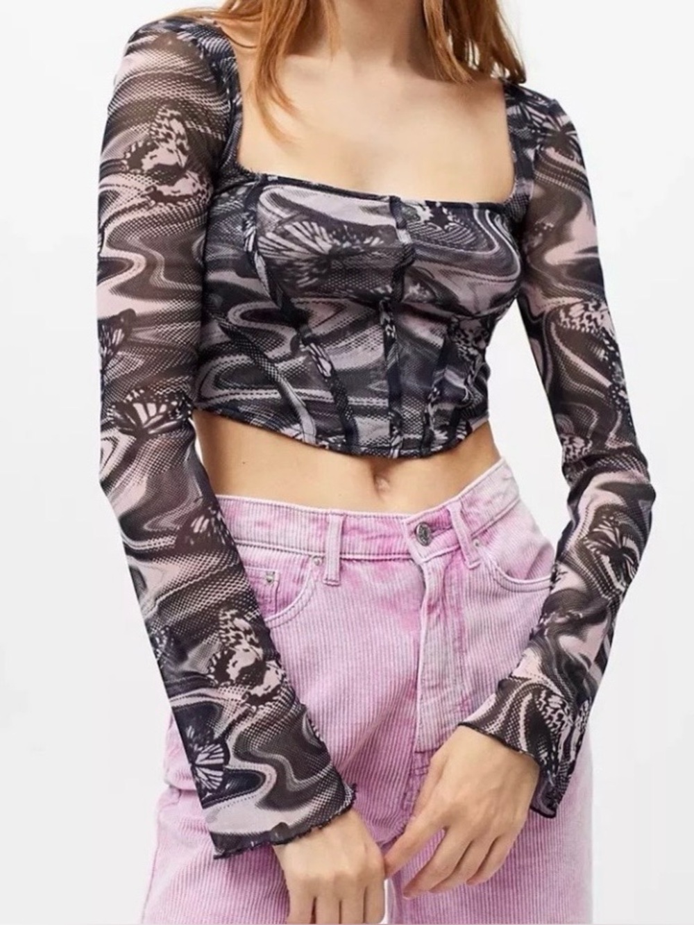Urban Outfitters Y2K Persephone Mesh Long-Sleeve Crop Top Corset